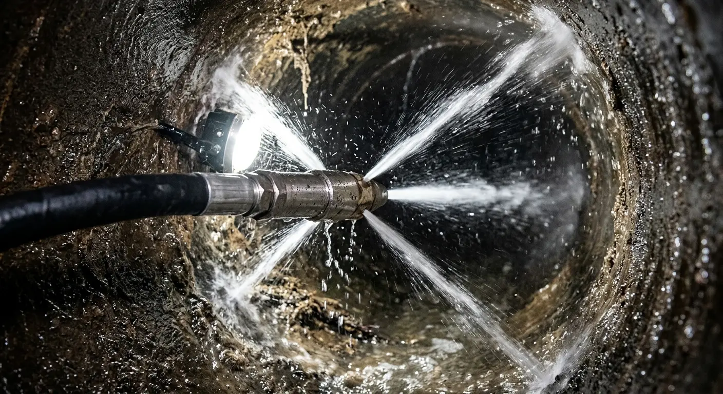 High-pressure hydro jetting nozzle cleaning sewer pipe for Trenchless Sewer Repair in Poplar Bluff