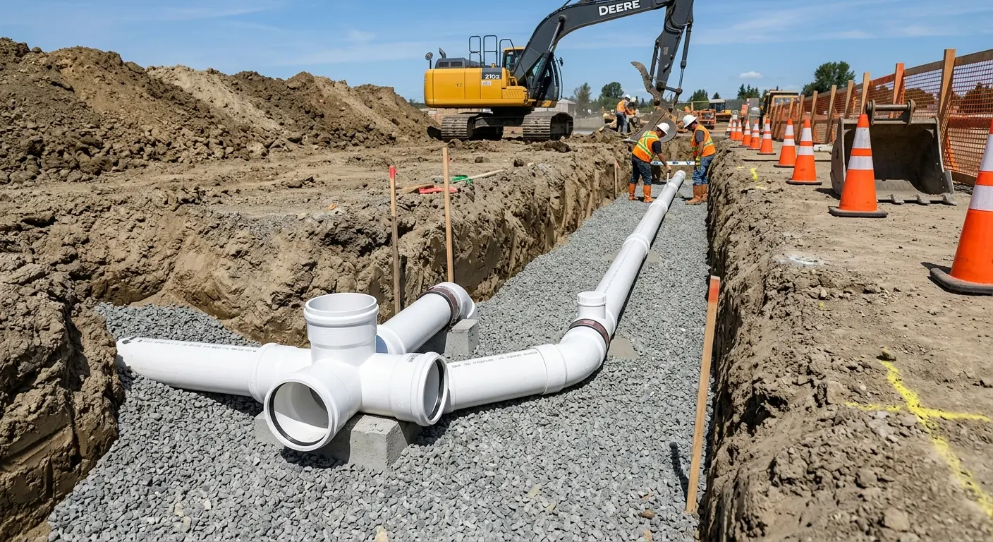 New PVC sewer pipe installation in open trench for Commercial Drain Cleaning in Poplar Bluff