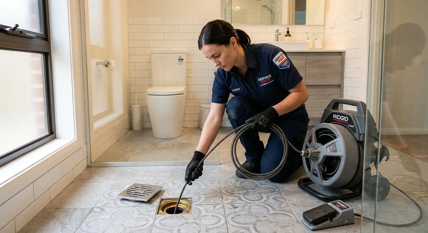 Technician clearing a bathroom floor drain for Sewer Line Installation in Poplar Bluff